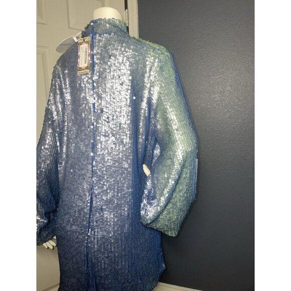 Boohoo Sequin High Neck Cut Out Smock Dress Size 10  Blue Sparkly Mini - Picture 8 of 12